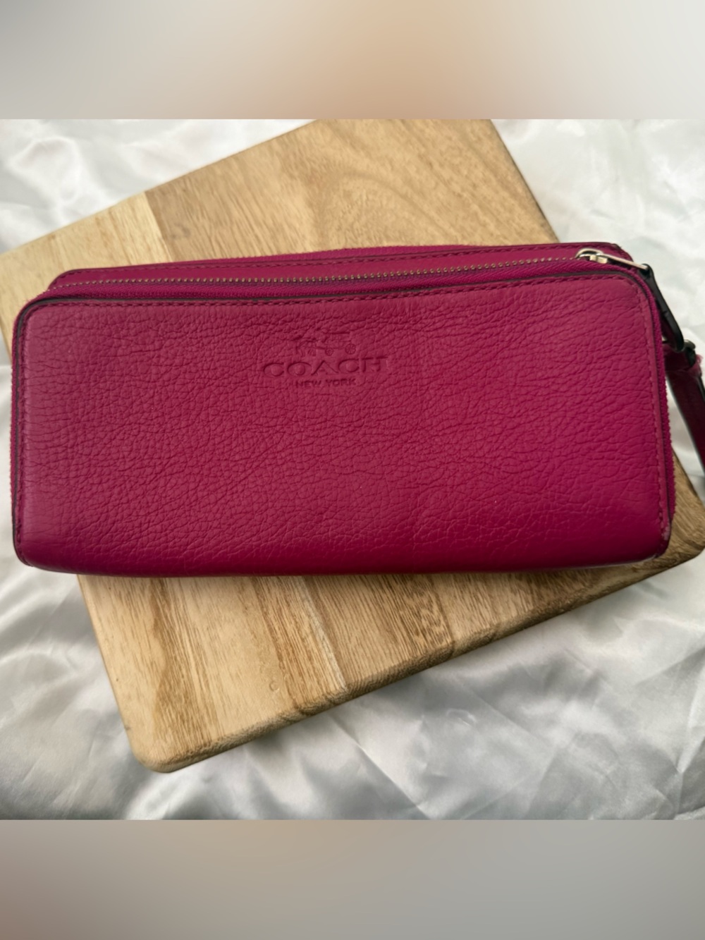 Coach Fuchsia Pebble Leather Double-Zip Wristlet